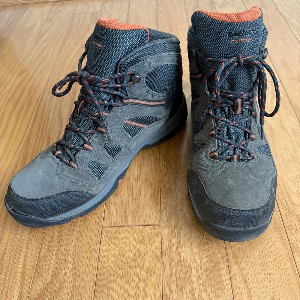 Hi-Tec Waterproof Mens Hiking Boots Gray Orange Lace Up Size 10.5M‎ EU 43.5